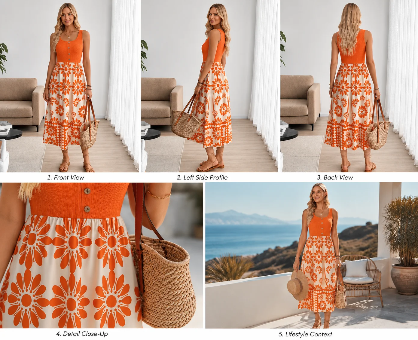 2026 Summer Dress – Orange Floral Midi with Straw Tote image 3