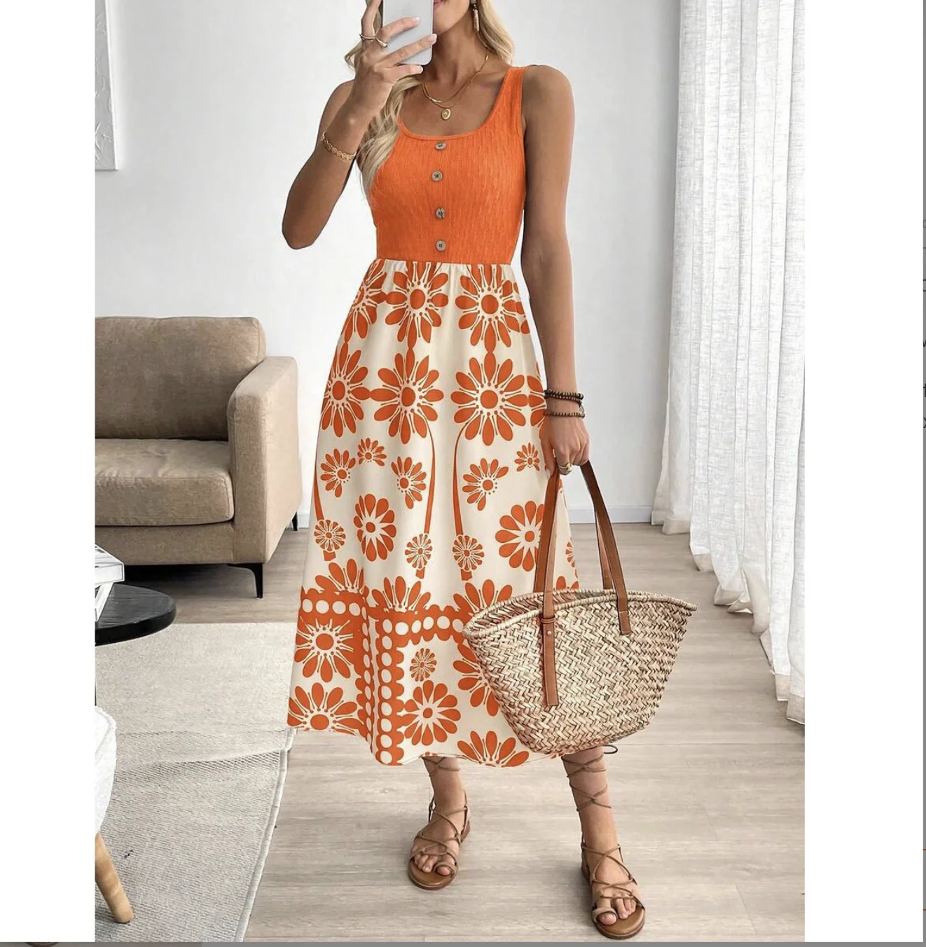 2026 Summer Dress – Orange Floral Midi with Straw Tote image 4