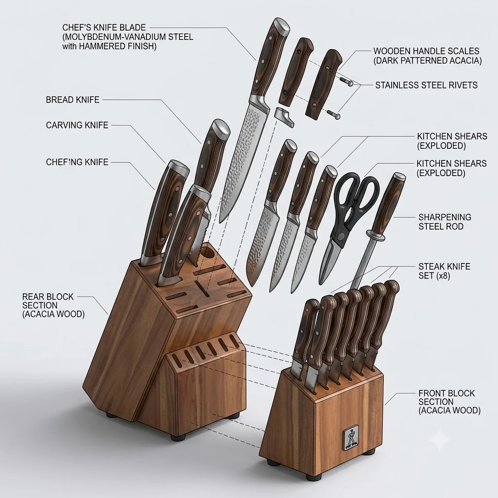 Premium 15-Piece Stainless Steel Kitchen Knife Set with Wooden Block
