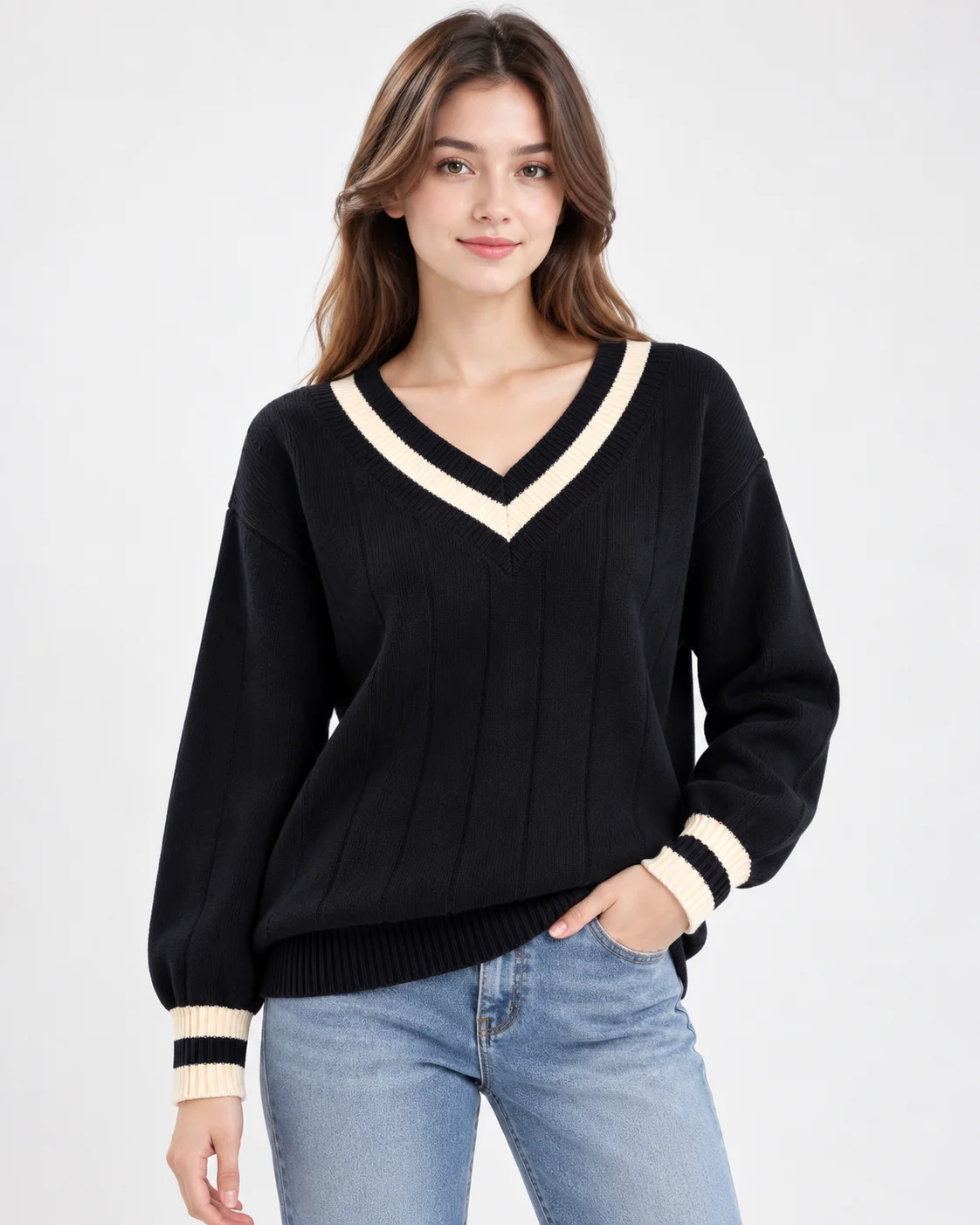 Women's Contrast V-Neck Knit Sweater image 8