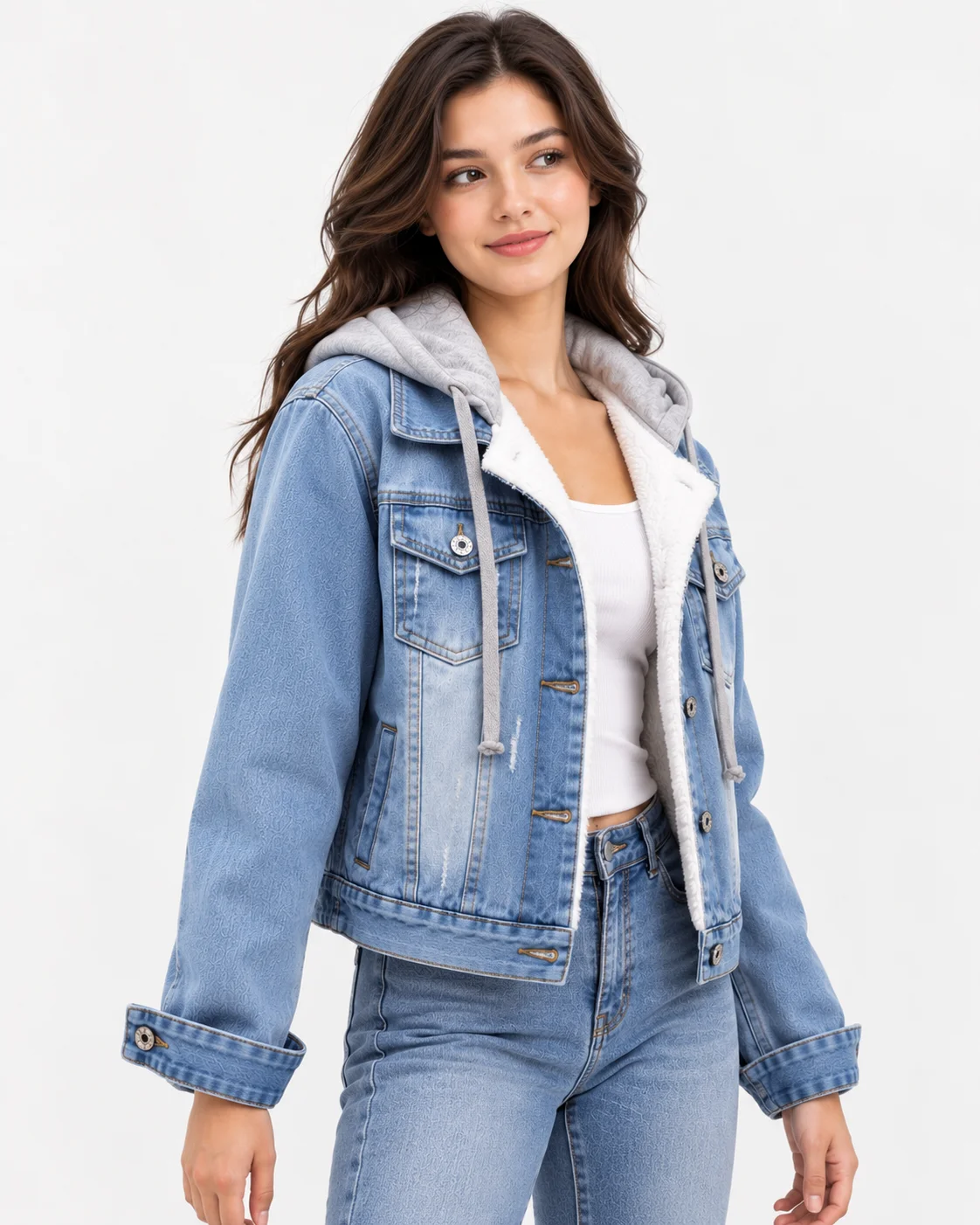 Women's Fleece-Lined Hooded Denim Jacket image 4